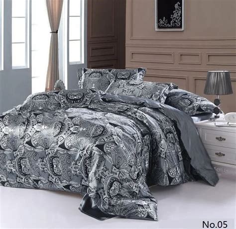 7pcs Silver grey paisley Silk satin bedding sets California king quilt duvet cover brand sheets ...