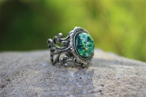 Green Opal ring 12x10. Green Opal on silver victorian