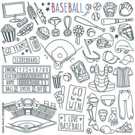 Baseball doodle set. Special equipment, player's clothing, field, stadium, fan's banners and ...