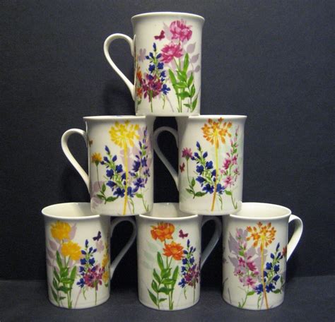 Set of 6 Fine Bone China Rainbow Meadow Flower Mugs