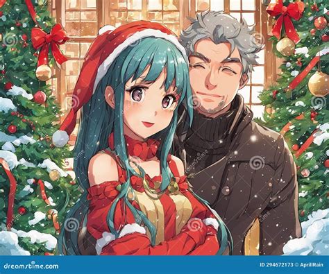 A Couple in Love at Christmas in Anime Style Stock Illustration ...