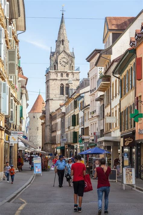 Yverdon-les-Bains, Switzerland - 5.Sept. 2018: Colorful Townhouses and Church Tower are Visible ...