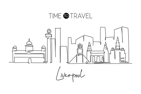 One continuous line drawing Liverpool city skyline. Beautiful Merseyside city skyscraper. World ...