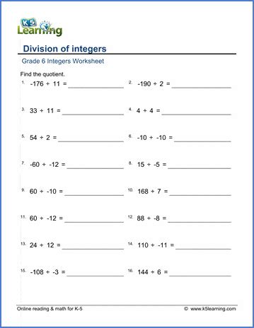 Grade 6 math worksheet - Integers: division of integers | K5 Learning