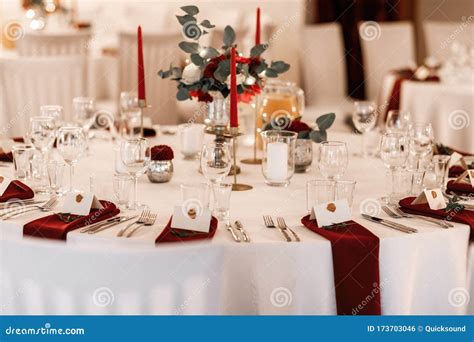 Wedding Table Setting in Red and White Theme Stock Photo - Image of ...