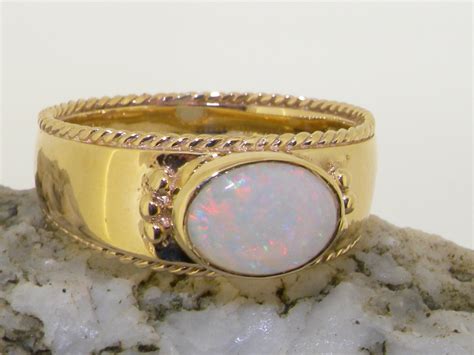 9K Yellow Gold Australian Opal Solitaire Ring Milgrain | Etsy UK