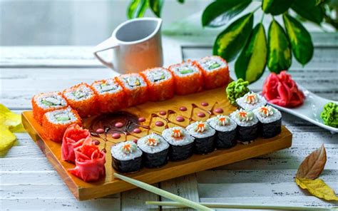 Download wallpapers sushi, 4k, asian food, rolls, maki, uramaki ...