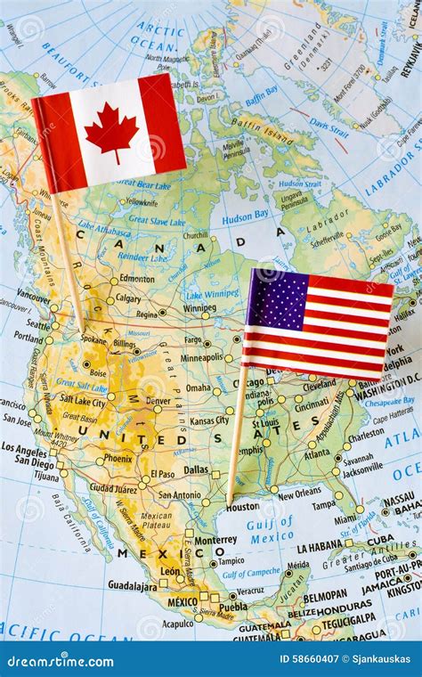 Canada And USA Flag Pin On Map Stock Photo - Image: 58660407