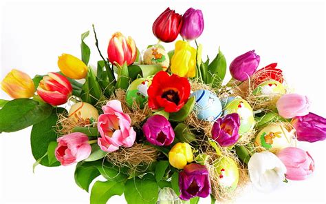 Holidays Easter tulip flowers and eggs, multicolored tulips bouquet, Holidays, HD wallpaper ...