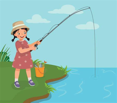 Cute little girl fishing at the river holding a fishing rod 25458525 ...