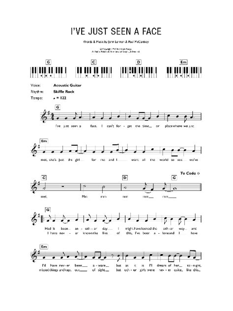 I've Just Seen A Face by The Beatles Sheet Music for Piano Chords ...