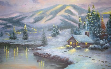 Thomas Kinkade Winter Paintings | ... thomas kinkade, picture, olympic mountain evening, winter ...