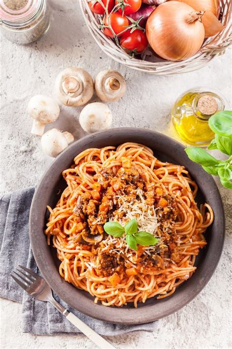 Spaghetti Bolognese with Mushrooms and Cheese Stock Image - Image of ...