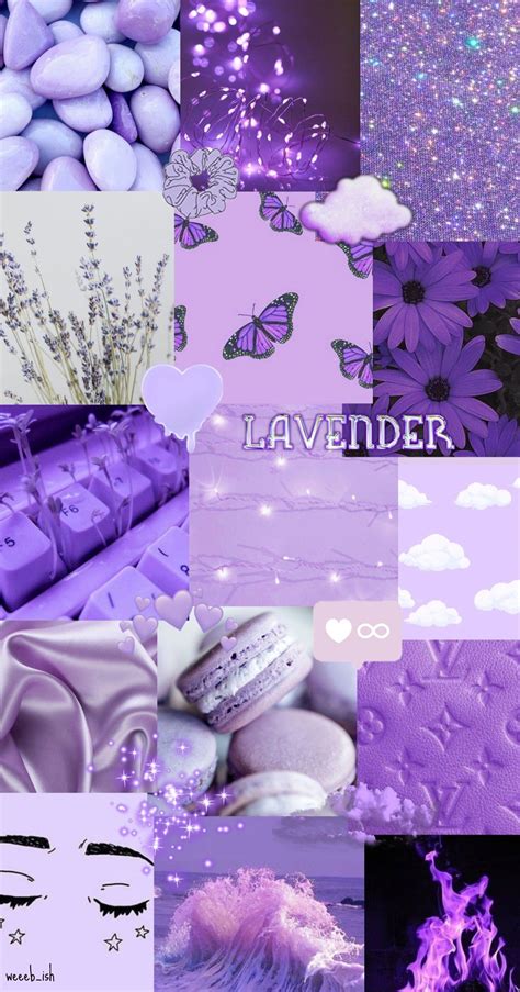 the collage is filled with purple and white flowers, lavenders, clouds, hearts, butterflies