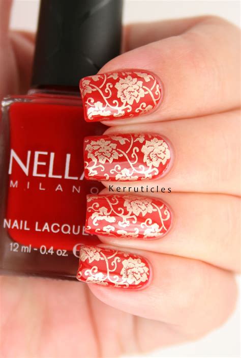 Red and gold Chinese pattern nails using Nella Milano Scarlet Heat, stamped in gold with Bundle ...