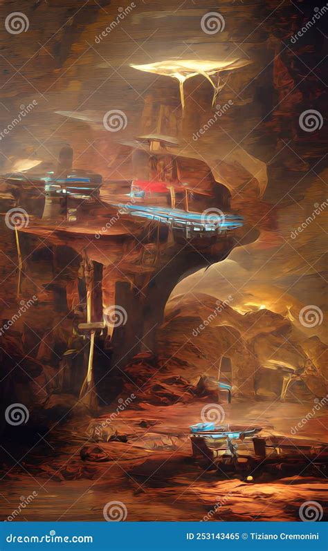 Space Base on the Asteroid, Futuristic Scenery, Digital Painting, Concept Sketch Stock ...