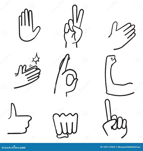 Doodle All Hand Emojis Gestures Vector Icons Set. Biceps, Fist, Folded ...