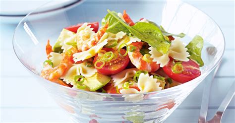 Prawn, avocado and baby roma truss tomato pasta salad