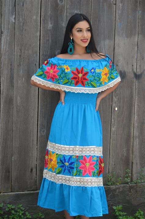 Mexican Blue Wedding Dress Multicolor Embroidered Off Shoulders | Mexican embroidered dress ...