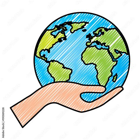 human hand holding earth globe world vector illustration drawing graphic Stock ベクター | Adobe Stock