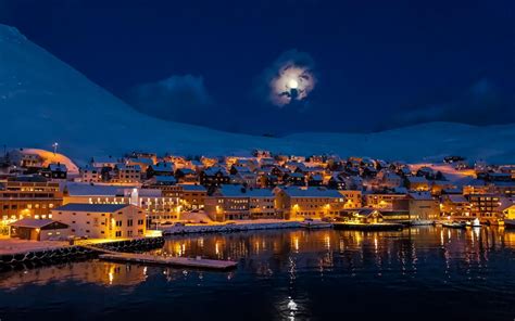 Night, city town, moon, mountains, snow, winter, house, lake, lights Wallpaper | 1680x1050 ...