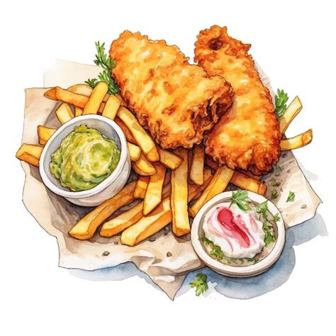 Premium AI Image | A watercolor drawing of fish and chips with a bowl ...