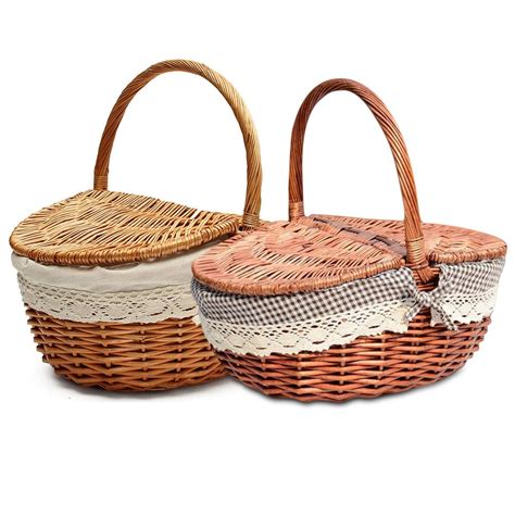 Hand Made Wicker Basket Wicker Camping Picnic Basket Shopping Storage Hamper with Lid and Handle ...