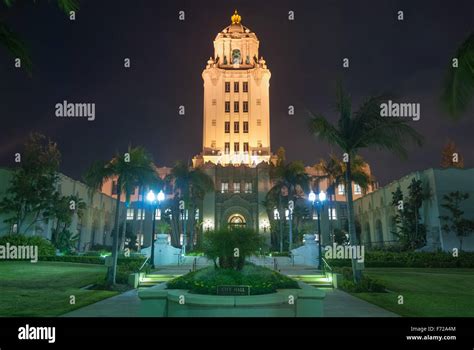 Beverly Hills City Hall at night. The Beverly Hills City Hall is a historic building and city ...