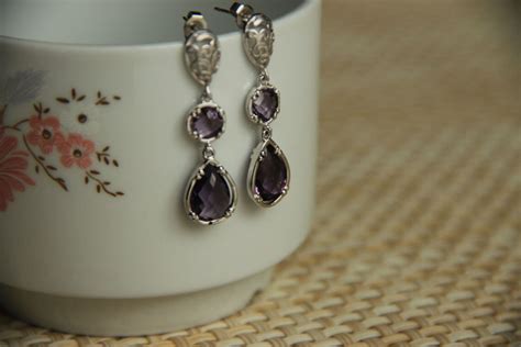 Earrings Rhodium Plated Hooks and Amethyst Wedding - Etsy