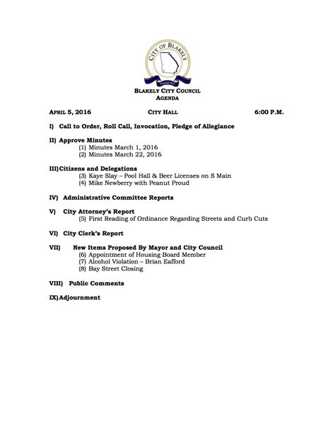 City Council Meeting Agenda for April 5, 2016 - City Of Blakely, Georgia