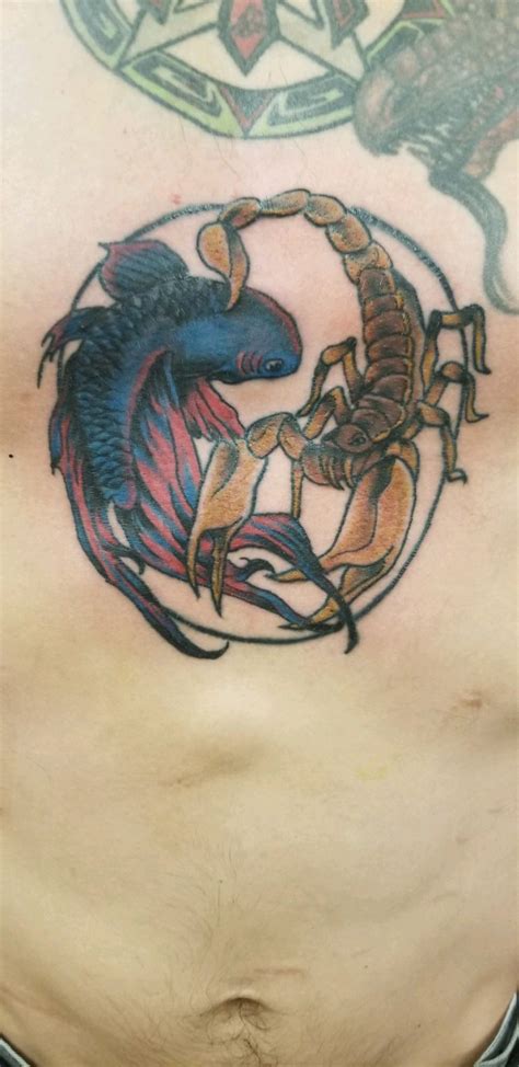 Aquarius and Scorpio, sternum piece. For my best friend, my wife. : r/tattoo