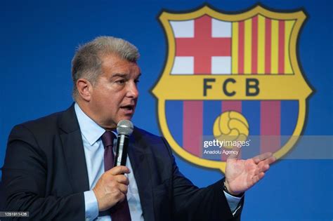 Barcelona President Joan Laporta gives a press conference while... News ...