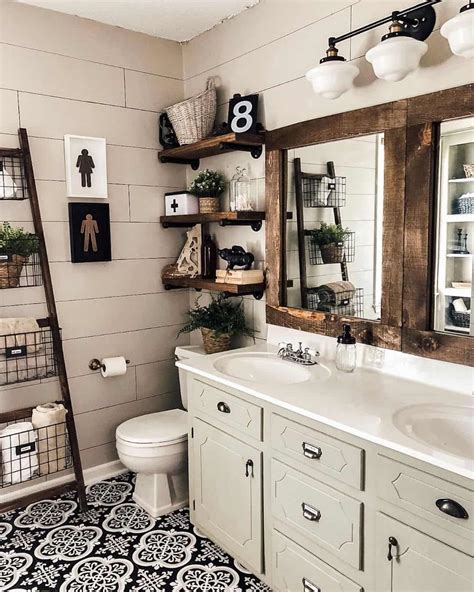 Rustic Farmhouse Bathroom With Patterned Flooring - Soul & Lane