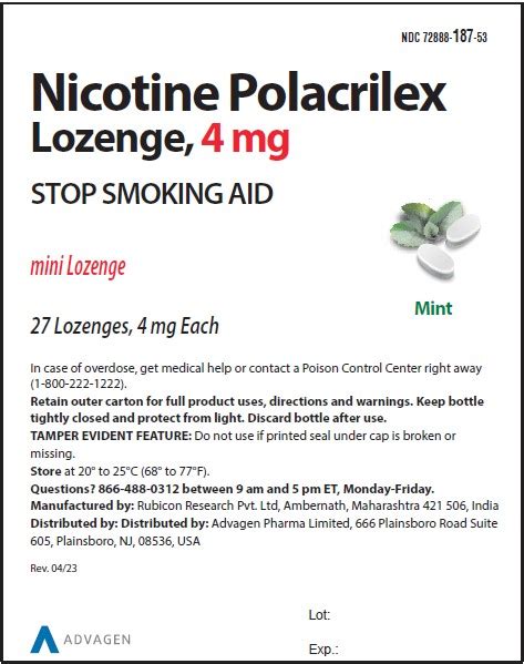 nicotine Polacrilex Lozenge, 4 mg - NDC 72888-187-53 - 27s Container Label