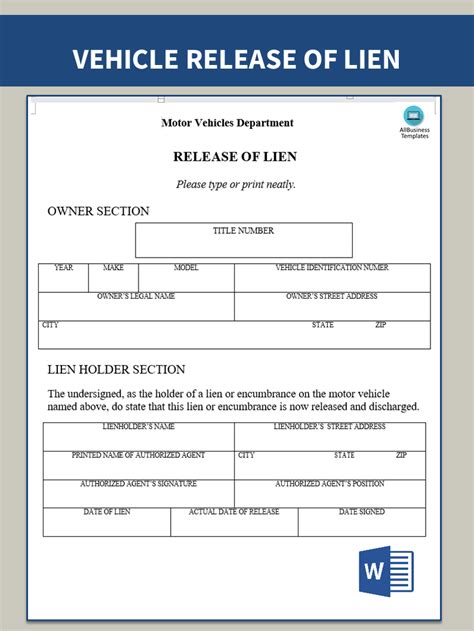 Vehicle Lien Release Form | Templates at allbusinesstemplates.com