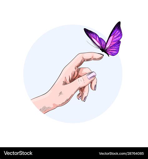 Butterfly flying to finger girl hand color Vector Image