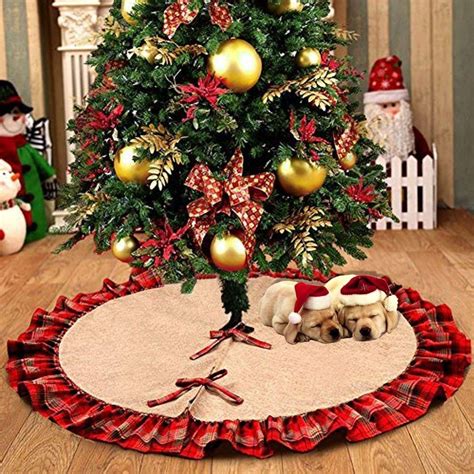 48inches Large Plaid Christmas Tree Skirts Red Black Ruffle Edge Linen Burlap Tree Skirt for X ...