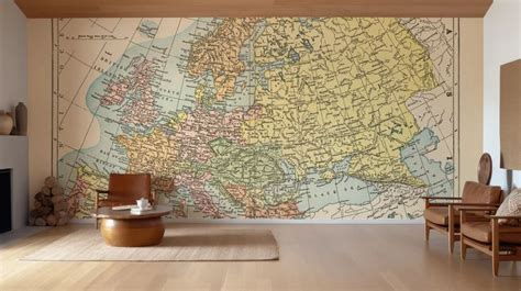 a room with a large map on the wall and two chairs in front of it