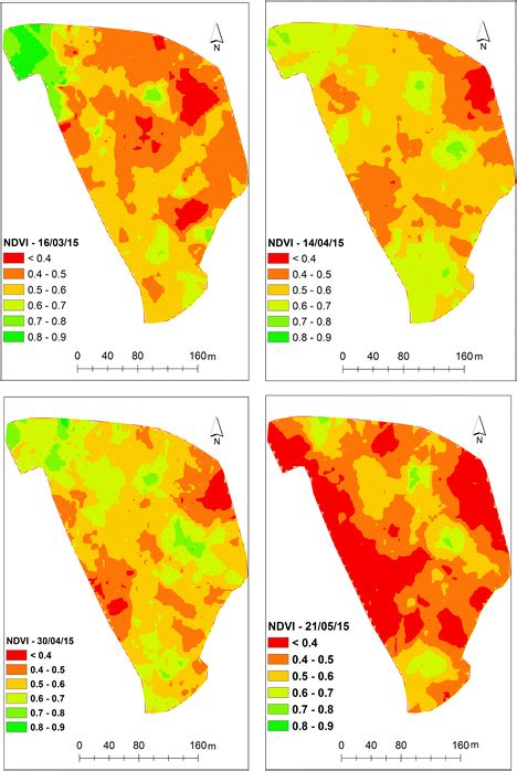 NDVI maps of site 1 (“Silveira”), between March and May of 2015 ...