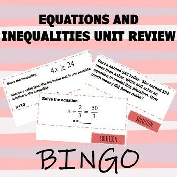 Equations and Inequalities : BINGO GAME Math Unit Review Activity