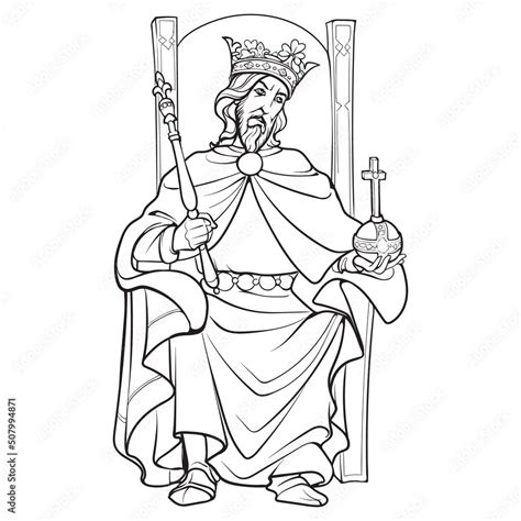 Medieval king sitting on a throne and holding a scepter and orb ...