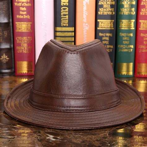 Male 100% Genuine Leather Jazz Hat Adult Fedoras Hat Male Sheepskin ...