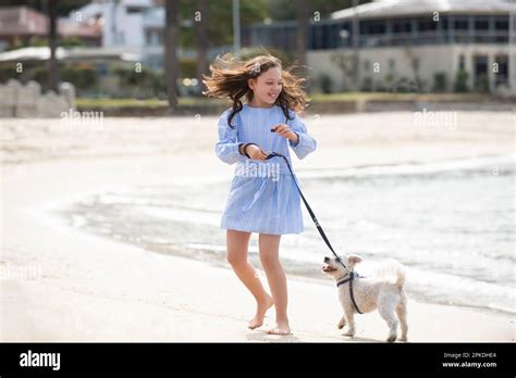 Girl walking with dog on beach Stock Photo - Alamy