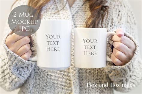 2 mugs mockup- 11oz and 15oz - woman holding mugs By Wanderlustlens | TheHungryJPEG