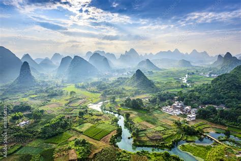 Landscape of Guilin, Li River and Karst mountains. Located near Yangshuo, Guilin, Guangxi, China ...