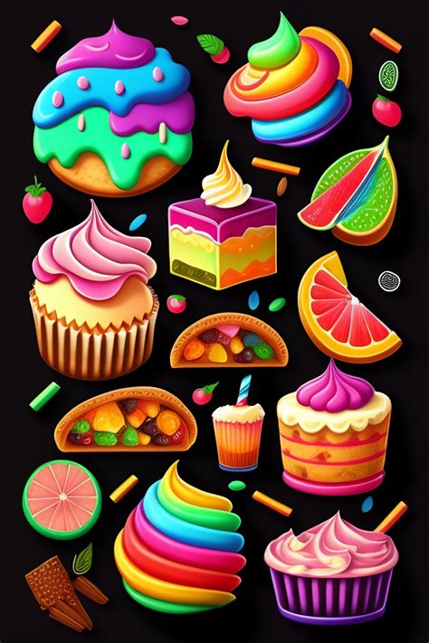 Lexica - Colorful, kawaii sweets food on pale black paper, very ...