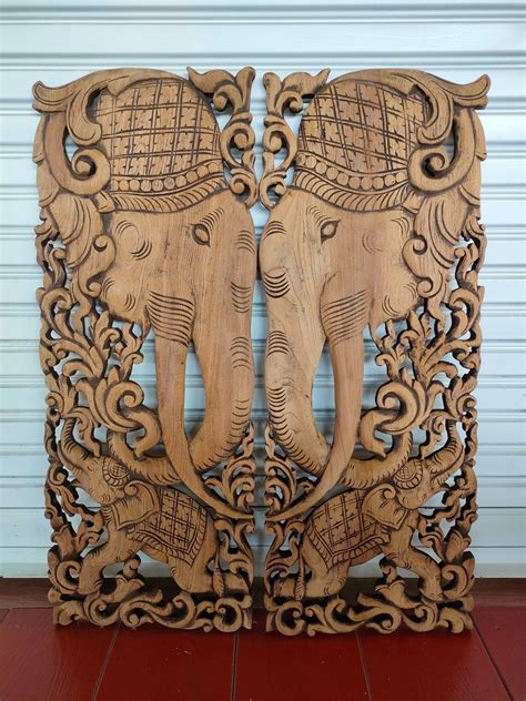 Elephant Wall Panels Carved Wooden Planks Twin Elephants Wall - Etsy