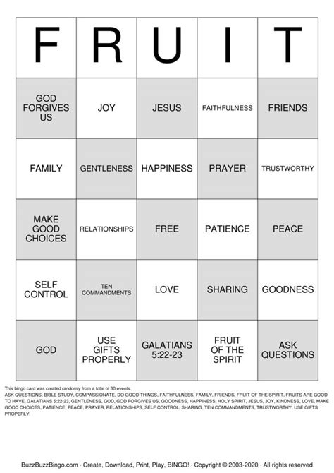 Fruit Of The Spirit Bingo Cards Free Printable - Printable Templates