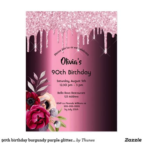 90th birthday burgundy purple glitter invitation postcard | Zazzle.com ...