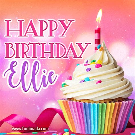 A GIF featuring the name Ellie, a decorated cupcake with a lit candle, and sprinkles. | Funimada.com